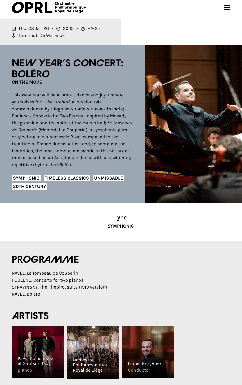 Page Internet. New Year's Concert - Boléro on the move. OPRL, Pavel Kolesnikov et Samson Tsoy, pianos, Lionel Bringuier, direction 2026-01-08